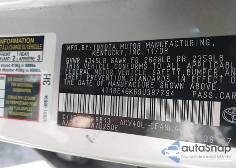 2009 Toyota Camry Le from USA, damaged, VIN 4T1BE46K69U387794